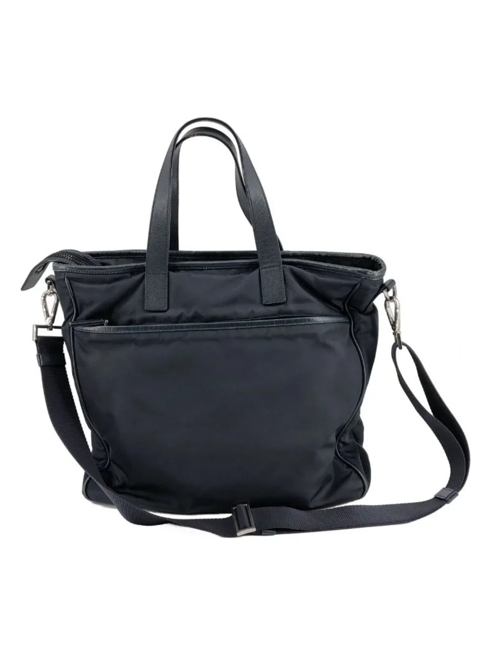Prada Re-Nylon Saffiano Leather Triangle Logo 2-Way Tote Navy